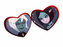 a pair of heart shaped mirrors with cartoon characters