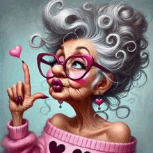 a cartoon illustration of an elderly woman wearing glasses and a pink sweater holding a pink heart .