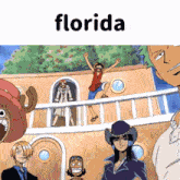 a group of cartoon characters are standing in front of a building and the word florida is above them