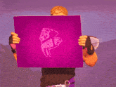 a cartoon character with wings is holding a purple piece of paper with a llama on it