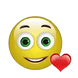 a yellow smiley face with green eyes is surrounded by red hearts