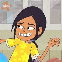 a cartoon girl with a yellow shirt with flowers on it and a nick logo behind her