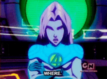a cartoon character says where in front of a green background