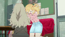 two anime girls are fighting in a room with papers on the wall