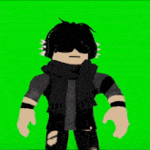 a cartoon character wearing headphones and a scarf stands in front of a green screen