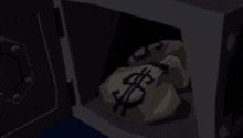 a cartoon drawing of a safe with a bag of money in it .
