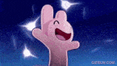 a pink cartoon rabbit is standing in front of a blue sky .