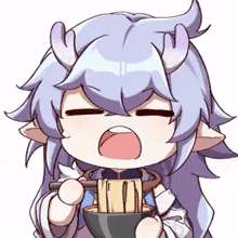 a little girl with horns is eating noodles with chopsticks .
