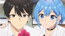 a boy and a girl with blue hair are looking at the camera