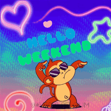 a monkey wearing sunglasses is dancing in front of a sign that says hello weekend