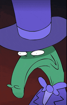 a cartoon character wearing a purple top hat and bow tie