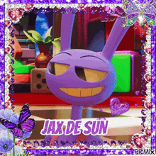 a picture of a purple cartoon character with the name jax de sun on the bottom