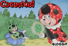 a cartoon of a ladybug holding a green clover with the word cocomiel above it