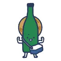 a cartoon drawing of a green bottle with arms and legs holding a purse