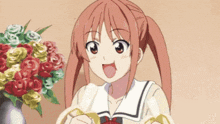 a girl in a school uniform is holding a banana in front of a vase of flowers
