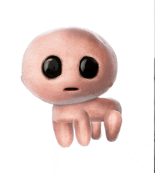 a small cartoon character with big black eyes and a sad face
