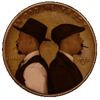 two men back to back on a coin that says liberty