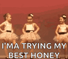 three little girls are dancing in tutus with the caption i 'm a trying my best honey