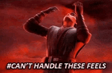 a man is looking up at the sky with the words " can 't handle these feels " below him
