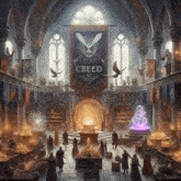 a group of people in a room with a banner that says creed on it