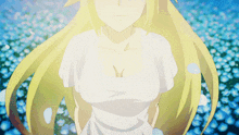 a blonde anime girl in a white dress is standing in a field of blue flowers
