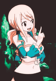 a girl in a blue shirt is pointing up
