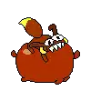 a pixel art of a cartoon dog riding a sausage .