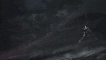 a man in a white cape is flying through the air with a sword