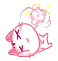 a cartoon drawing of a pink cat with x and y written on it 's face