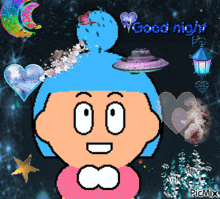 a pixel art of a girl with the words good night written on it