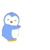 a blue and white penguin is hugging another penguin and smiling