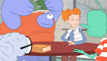 a group of cartoon characters are sitting around a table with a book