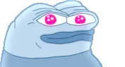 a cartoon character with pink eyes is making a peace sign with his hands .