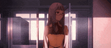 a girl with long hair and glasses is standing in front of a door