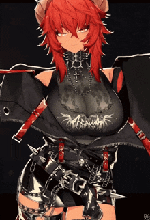 a girl with red hair and horns is wearing a black shirt with a cross on it