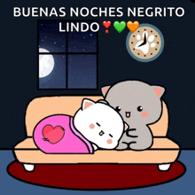 a cartoon of two cats sleeping on a couch with the words buenas noches negrito lindo written above them