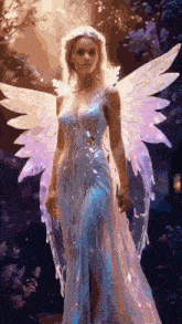 a woman in a white dress with purple wings is standing in a dark forest .