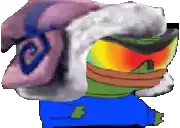 a cartoon character wearing a hat and goggles with a swirl on it