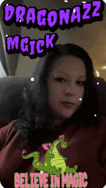 a woman wearing a red shirt with a dragon on it