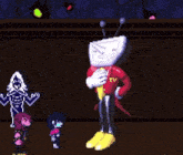 a pixel art drawing of a robot standing next to a skeleton and a child .