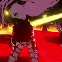 a girl with long purple hair is standing on a red carpet in a video game .
