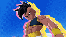 a cartoon character with a shaved head and a yellow belt