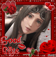 a picture of a woman in a suit and goggles with the words good nite on it