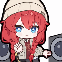 a cartoon of a girl with red hair and blue eyes wearing a sweater with the letter m on it