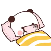 a cartoon panda bear is laying in bed looking at a phone