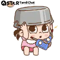 a cartoon of a baby talking on a walkie talkie with a star tamil chat logo behind her