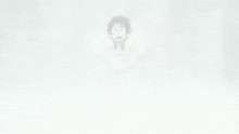 a man in a white shirt is standing in the fog and saying `` nezuko i am water '' .