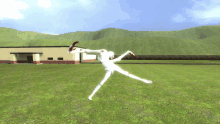 a computer generated image of a skeleton jumping in a field