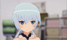 a cartoon girl with white hair and blue eyes is standing in front of a bookshelf .