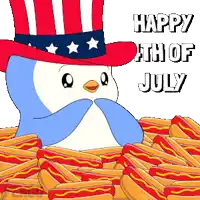 a penguin wearing an uncle sam hat sits in a pile of hotdogs